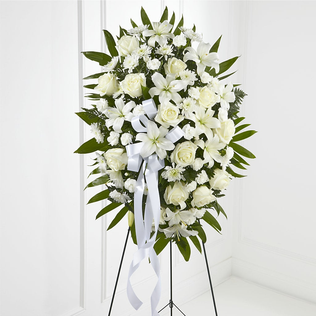 Exquisite Tribute Standing Spray-White Ribbon – Magnolia Oaks Florist, Tyrone GA